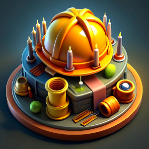 A birthday cake in the shape of a builder's helmet. It is decorated with lighted candles on the top, several different tools of a construction worker, a laptop and a smartphone