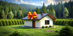 country one-story small modern house, minimalistic, modest design, many details, not pretentious, small windows, siding, white walls, triangular black roof, large orange satin bow on top, bow on the roof, large gift bow on the roof, satin ribbon on top, located in the forest, there is a lot of grass, greenery and trees around, bright sky, photorealism, high quality photo, photo as in life, hdr, 3K, professional photographer