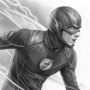 Pencil drawing of Barry Allen, aka The Flash, from DC Comics. Shaded in varying tones of gray, emphasizing Speed Force