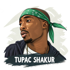 Digital art piece featuring Tupac Shakur in cartoon style. Green bandana, bold outlines, limited color scheme. White background, text at bottom