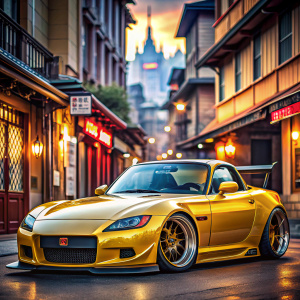 honda S2000, S2K, yellow, lowered, wide body kit, race car, oversized wheels, very detailed rims, cinematic japanese street background