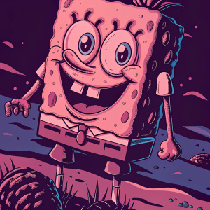 SpongeBob SquarePants, the cheerful yellow sponge, smiling widely with his iconic big eyes. Bright and colorful background typical of Bikini Bottom.