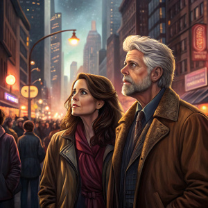 Alanna Ubach and Barry Bostwick in a bustling cityscape scene from their TV show. Crowds in the background, vibrant street lights