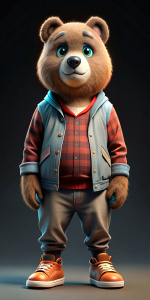 Create an avatar of a bear dressed in casual clothing, with tennis shoes and jeans on a black background