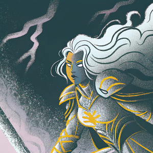 Jaina Proudmoore, a character from the World of Warcraft universe, in a dramatic pose. She wears intricate, ornate armor with golden accents. Dark, shadowy background with hints of purple. Focus on her determined expression and flowing white hair with golden highlights.
