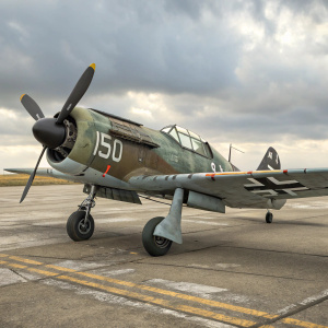 A Focke-Wulf Fw 190 aircraft with a camouflage paint scheme. Sitting on tarmac. Large propeller and distinctive markings visible