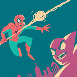 Ink drawing of Spider-Man battling Green Goblin. Spider-Man's web-slinging pose. Green Goblin's menacing grin. Background is dark, cityscape