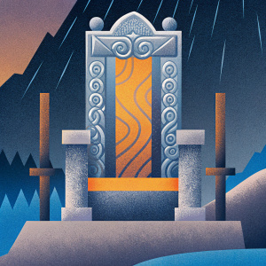 Concept art for Assassin's Creed Valhalla, featuring a majestic throne inspired by viking culture, adorned with intricate silver and wooden carvings, set against a rugged landscape, emphasizing rich textures and dynamic lighting.