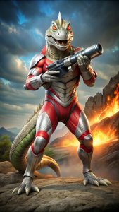 Ultraman has the face of a Komodo dragon. 
Ultraman has the face of a Komodo dragon. 
fullbody
Bigger than the place
 Ijen Volcano
 in m79
stand with legs apart