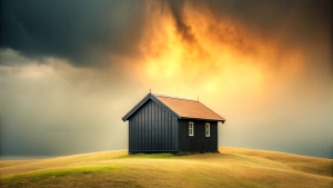 a Swedish wooden hut in a lonely landscape , very minimalistic, black background, foggy and stormy weather , style minimalistic , realistic style , wide angel photography