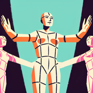 Digital artwork of a futuristic female avatar in a low-poly style. Posed with outstretched arms. Textured and detailed. Shown in multiple angles. Dark background