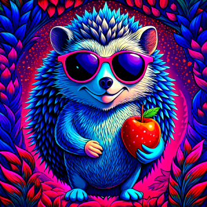  hedgehog in dark  sunglasses eat apple, walking, laughing and waving, 