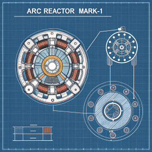 Detailed technical schematic of the Arc Reactor Mark-I, drawn in a blueprint style.