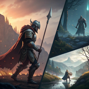 Digital artwork collage featuring Dota 2 scenes. High-resolution 3D style with cinematic feel. Warrior-like character in armor, character with spear. Multiple sections with unique lighting and distinct color palettes.