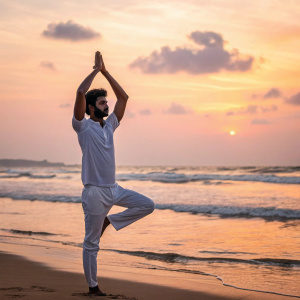 Dinesh Chandimal, Sri Lankan cricket player, in a serene yoga pose on a beach. The ocean waves behind him, sunset in the background.