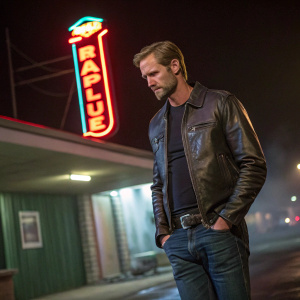 Alexander Skarsgård, ruggedly handsome actor, at a gritty film set. Dressed in a leather jacket and jeans. Backlit by a neon sign.