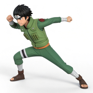 Rock Lee, from Naruto Shippuden, in a dynamic pose. Green jumpsuit, black spiky hair. Rendered in vivid 3D, ready for animation or gaming