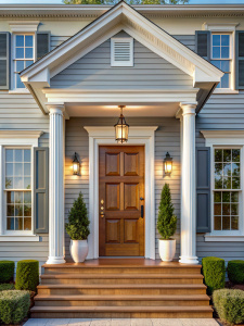 front side view of  Acadian style home  front door  , highly detailed, ultra realistic 