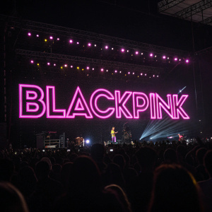 Blackpink's logo. Dynamic, neon pink text 'BLACKPINK' on black stage backdrop during concert.