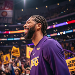 Anthony Davis, smiling, wearing a purple jersey with Lakers logo. Cornrows and beard. Indoor basketball arena, surrounded by cheering fans.