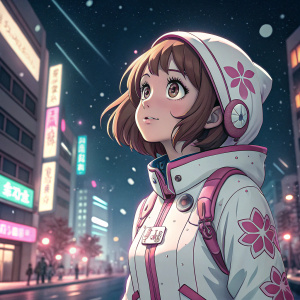 Digital illustration of Ochaco Uraraka from My Hero Academia. Ochaco has cute anime-style face, short brown hair, detailed outfit in white and pink color scheme, pink floral design, set against a futuristic cityscape at night