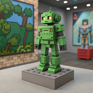 Minecraft-inspired pixel-art illustration of a green mecha. Blocky, voxel-like design. Gray platform beneath. Digital artwork