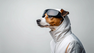 side view of stylish dog in trendy virtual glasses and white jacket on isolated on white background