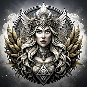 Nordic Godness Snotra - perfect realistic art, high-definition grey and black, white background tattoo design