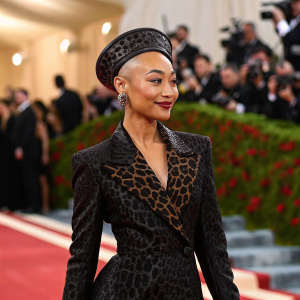 Tati Gabrielle at the Met Gala. East Asian heritage, bald head, wearing a black leopard print outfit with a matching hat. She exudes confidence on the red carpet.