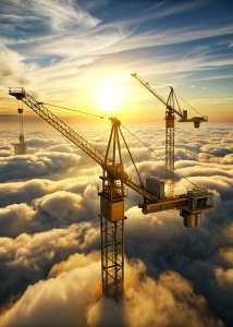 realistic photograph of metal building cranes above the clouds way up high in the sky with a golden glow