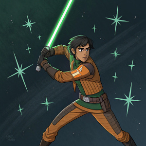 Digital art of Ezra Bridger from Star Wars universe, wielding green lightsaber. Dark background with glowing stars
