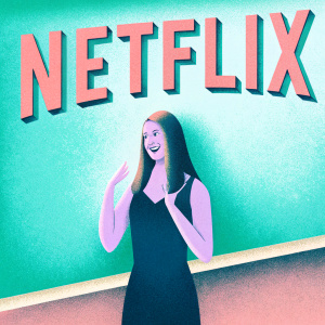 Alison Brie, at Netflix's launch event. Vibrant yellow background with bold Netflix logo. Wearing a simple black dress. Close-up shot with a bright, vivid color palette.