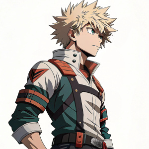 Digital illustration of Bakugo Katsuki, a protagonist from My Hero Academia. Bold outlines, limited color palette, determined expression, plain white background