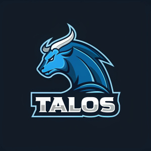 The Talos logo features a sleek, bull-like creature in blue against a stark black background. The word 'TALOS' is displayed in bold, modern font. The logo combines a strong, curved animal design with a graphic, bold text element, creating a striking visual impact.