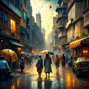 "Design an evocative image capturing a rain-soaked day in Karachi, where the city's streets are half submerged under water from a heavy downpour. Cars navigate cautiously through the flooded roads, creating ripples around them, while people wade through knee-deep water, some with umbrellas, others braving the rain. The scene is a vivid portrayal of resilience and daily life in Karachi amidst the monsoon's challenges, reflecting the city's dynamic spirit against a backdrop of grey, rain-filled sk