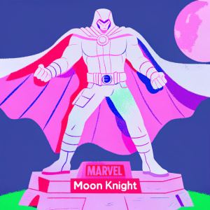 3D render of Moon Knight statue from Marvel Comics. Dynamic pose showcasing flowing cape and intricate belt design. Stone-like base with Marvel logo. Dark grey background.
