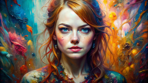 Colorful beautiful Emma Stone: Black ink flow: 8k resolution photorealistic masterpiece: by Aaron Horkey and Jeremy Mann: intricately detailed fluid grisaille painting: by Jean Baptiste Mongue: calligraphy: acrylic: watercolor art, professional photography, natural lighting, volumetric lighting maximalist photoillustration: by marton bobzert: 8k resolution concept art intricately detailed, complex, elegant, expansive, fantastical

