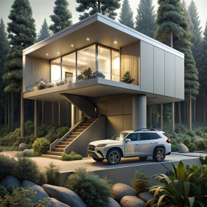 Toyota Prado 4.0L TXL (2024), in a futuristic modern house in the forest