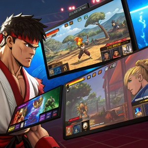 Stunning montage of Street Fighter game screens. High-definition, colorful character profiles, dynamic status bars, and engaging gameplay visuals.