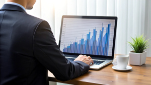 Cropped photo of businessman analyzing business diagram, marketing statistics and finance market graphs on laptop monitor in the office