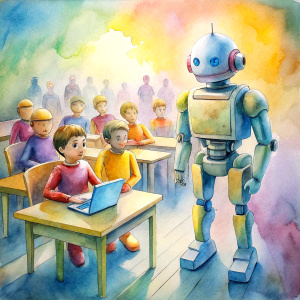 At school, students in bright clothes sit at their desks, the lesson is taught by a robot