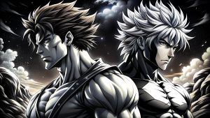 Generate a compelling black and white anime-style image featuring a muscular protagonist and a smart mastermind standing side by side in profile view. Envision the muscular character with a well-defined physique, radiating strength and intensity, while the mastermind exudes intelligence and cunning charm. Pay attention to expressive detailing of their profiles, capturing the essence of their personalities. Utilize dynamic poses, clothing details, and distinctive features to emphasize their indiv