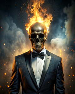 effect, photoshop action, realistic black skull with human body in tuxedo gold on head, flames of fire, sparks, dust, explosion, effect, xd quality, micro detail sharpening,