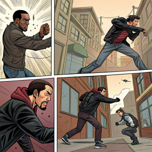A dynamic comic book scene from 'Final Street' by Devils Due Comics. The page is divided into several panels illustrating an intense action sequence. Each panel captures characters in various poses, conveying movement and energy. The grid-like layout progresses the story with each frame.