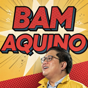 Comic book style poster for Bam Aquino's campaign. Features bold colors, text, and graphics in Filipino. Highlights campaign details and organization activities in a visually engaging manner.