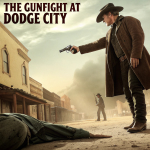 Movie poster for 'The Gunfight at Dodge City'. A large hand reaching out, a fallen figure, a gun in focus. Joel McCrea standing with a stern look.