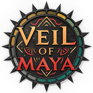 A vibrant digital artwork featuring the aggressive logo of Veil of Maya. The logo is predominantly black with sharp, jagged edges. Set against a stark white background to emphasize its dark and edgy aesthetic.