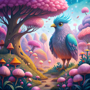 pajaro grande magico y amigable parada de espalda a un arbol enorme de color rosado ubicado en un bosque mágico lleno de arboles y hongos de colores, dibujado como caricatura mas infantil