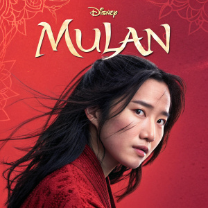 Cover art for Disney's Mulan soundtrack album. Vibrant red background, modern typography, Mulan's portrait centered