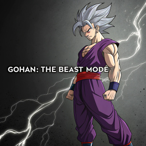 Illustration of Gohan from Dragon Ball series. Muscle-bound character with wild gray hair, wearing purple and red. Dark background, energetic lightning effects, text 'Gohan: The Beast Mode'